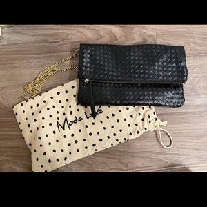 Moda Luxe Black Woven Fold-Over Clutch with Gold Chain